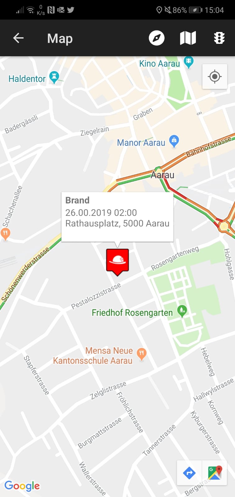 Screenshot aus FW-Einsatzort App: Kartenansicht mit Informationen über Ereignis