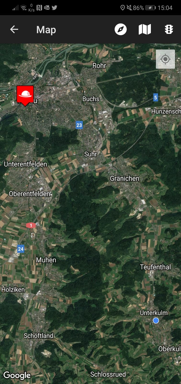 Screenshot aus FW-Einsatzort App: Kartenansicht