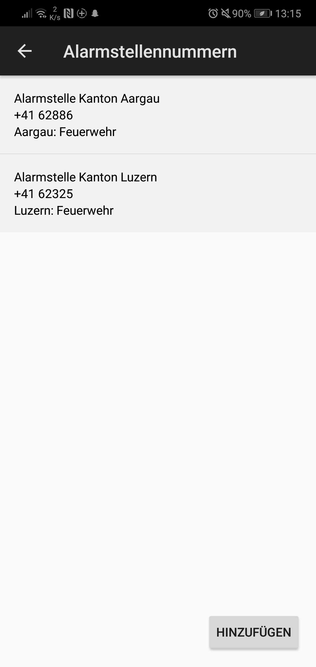 Screenshot aus FW-Einsatzort App: Ansicht Alarmstellennnummern